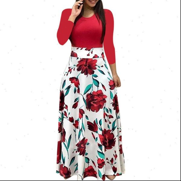 

spring women maxi dress vintage floral print splice casual long sleeve dress 5xl plus size elegant ladies long vestidos, Black;gray