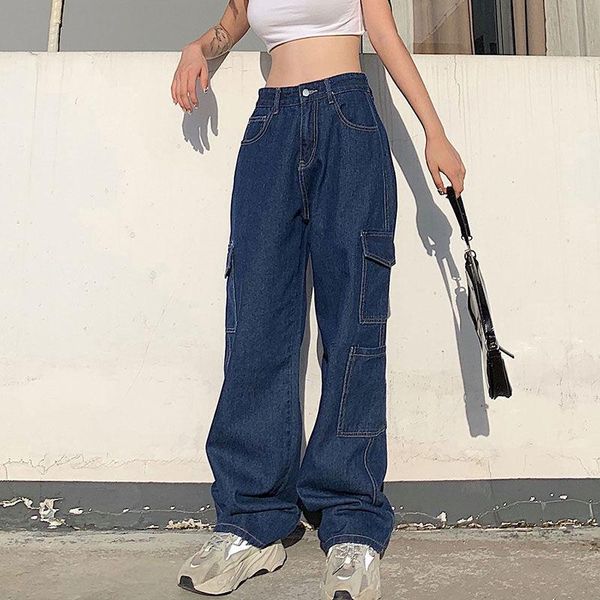 

women's jeans y2k vintage pocket multi cargo flare woman high waist wide leg autumn casual long loose streetwear trousers, Blue