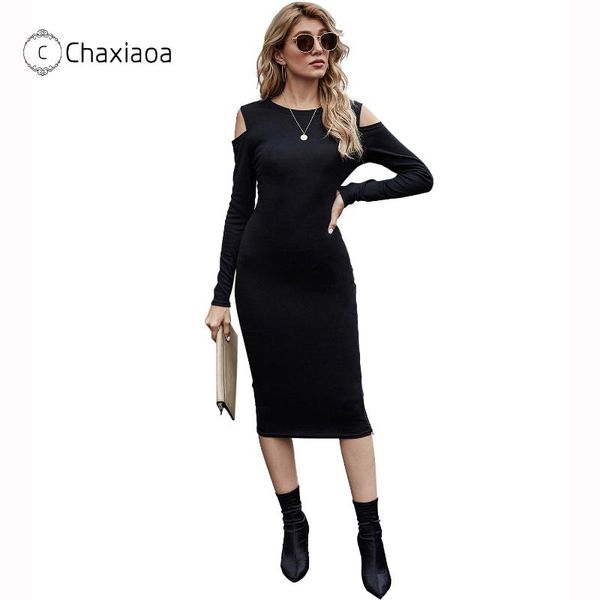 

casual dresses chaxiaoa 2021 spring autumn women solid color off-shoudler long sleeve knitted dress skinny black mid-calf x455, Black;gray