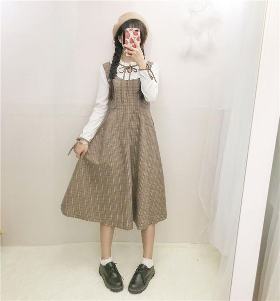 

casual dresses women autumn fashion fake two pieces waisted slim dress retro japanese plaid long sleeve patchwork a line vestidos, Black;gray