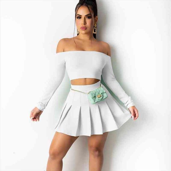 

women two pieces set spring summer solid off shoulder full sleeve shirt pleated mini dress elegant club party, Gray