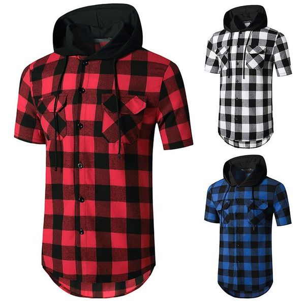 

men's casual shirts 2021 spring summer amazon short sleeve hoodie plaid classic flannel shirt s-xxl, White;black