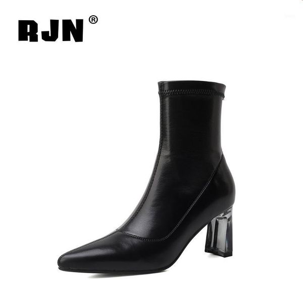 

boots rjn comfortable elastic ankle pointed toe high-quality women shoes fashion design mid heel lady ro586, Black