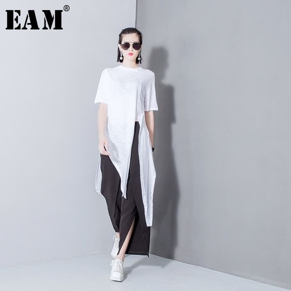 

[eam] women white solid color asymmetrical vent long t-shirt new round neck short sleeve fashion tide spring summer 2021 t298 210310