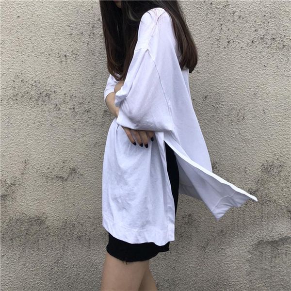 

women's t-shirt girls solid short sleeve tees side-slit harajuku korean style ins trendy leisure simple all-match oversize womens tshir, White