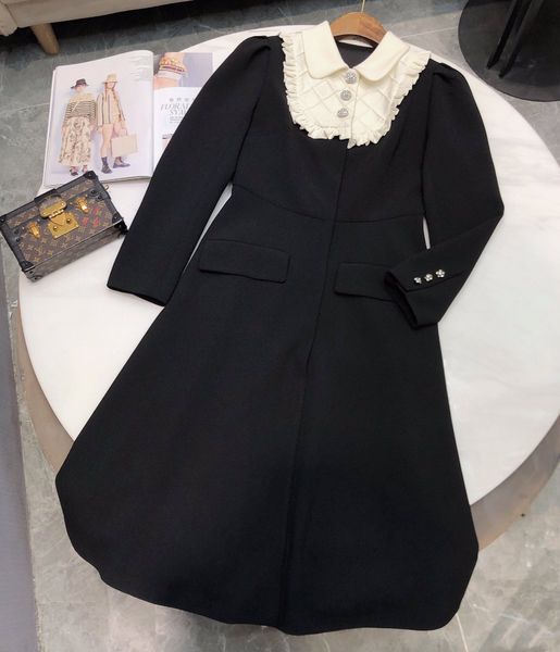 

new french lapel contrast wool long coat, Black;gray