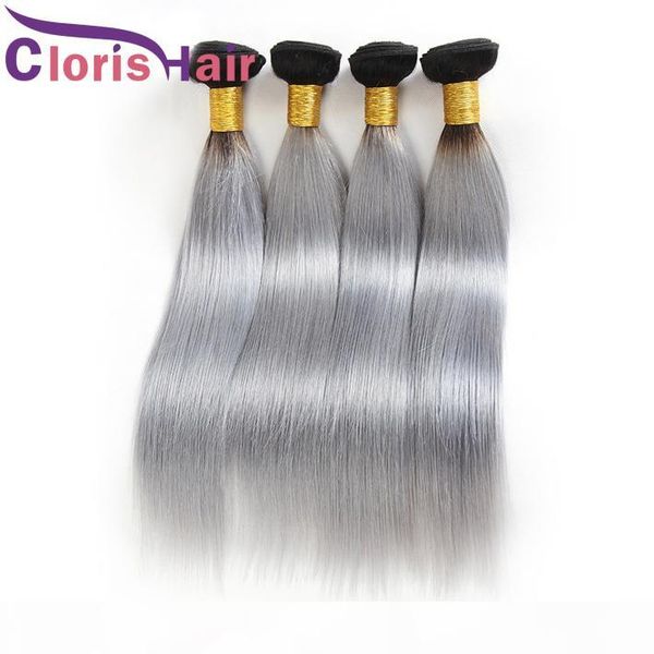 

colored two tone 1b gray raw indian virgin human hair bundles dark roots silver grey ombre weaves silk straight hair extensions for sale, Black