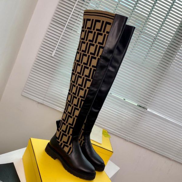 

boots knitted sock-style cuff rockoko leather stretch fabric flats women patterned embossed over knee high boot pull onshoes, Black