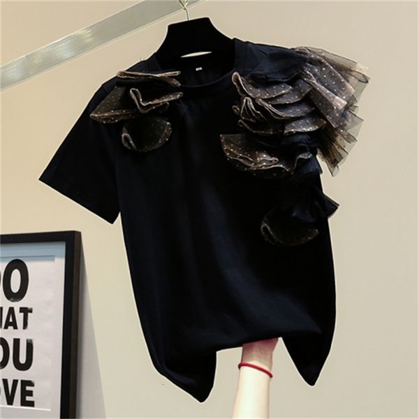 

female t-shirt 2021 spring and summer korean style loosed around the neck sweet personality crocheted stitch polka dot shirt zvke, White