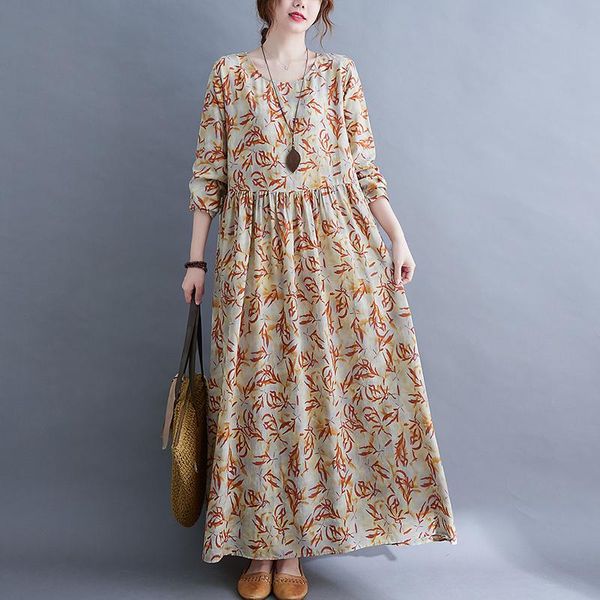 

casual dresses vintage floral print long sleeve spring cotton autumn women 2021 elegant vestido loose dress beach ladies clothes, Black;gray