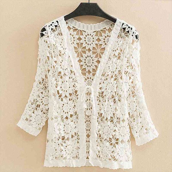 

women summer korean fashion womens sweater knitted blouse shawl thin hollow out crochet brief vintage sunscreen cardigan l176, White;black
