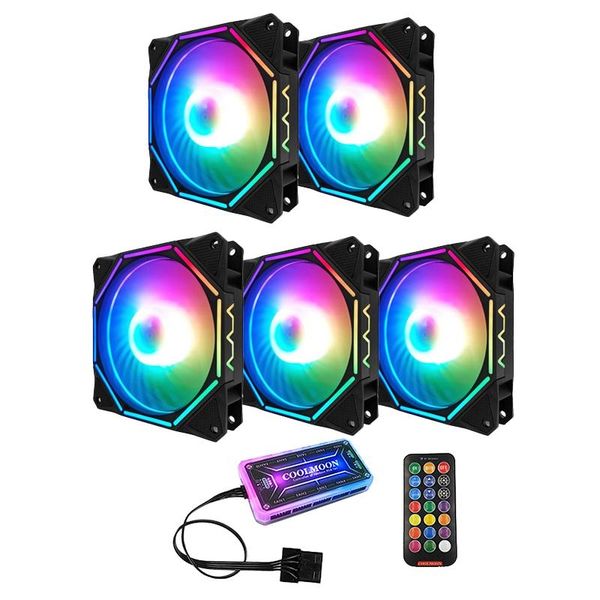 

lapcooling pads coolmoon rgb computer case fan 12cm silent polygon inner and outer light+standard controller cpu fan(5 pcs)