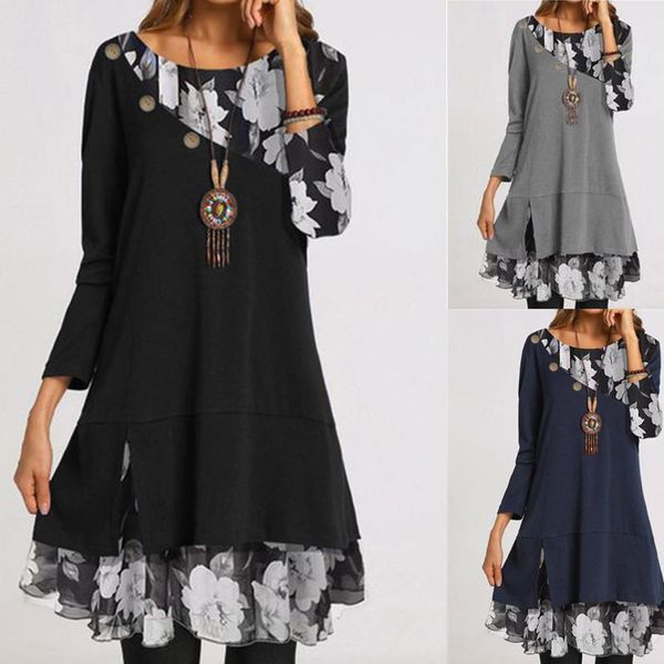 

casual dresses 2021 summer women long sleeve party dress print floral plus size 3xl ladies loose elegant female vestidos, Black;gray