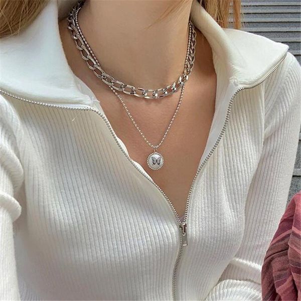 

pendant necklaces letapi korean multilayer butterfly coin necklace for women gold silver color thick chain 2021 trend jewelry
