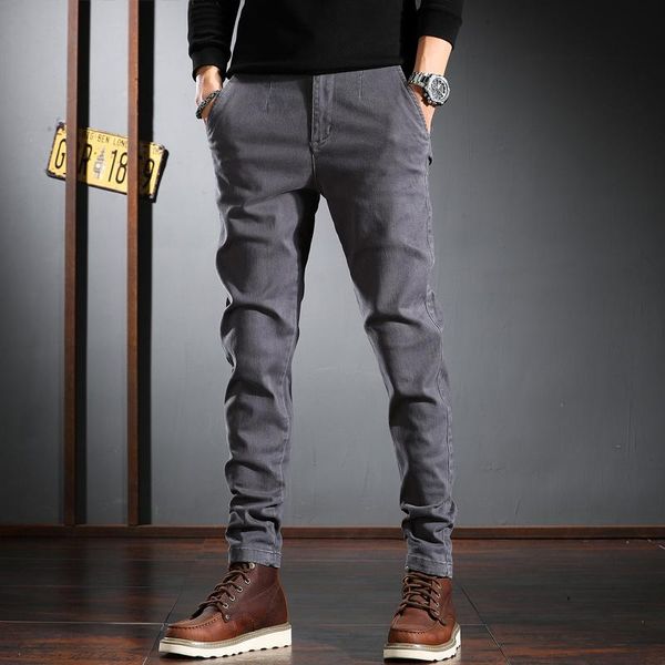 

men's pants autumn men casual korean streetwear cotton stretch dark gray slim fit trousers, Black