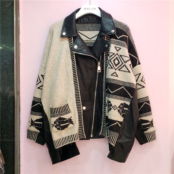 

ewq] autumn winter retro print fashion ladies leather jacket contrast color design overcoats large size women coats knit 201013, Black;brown