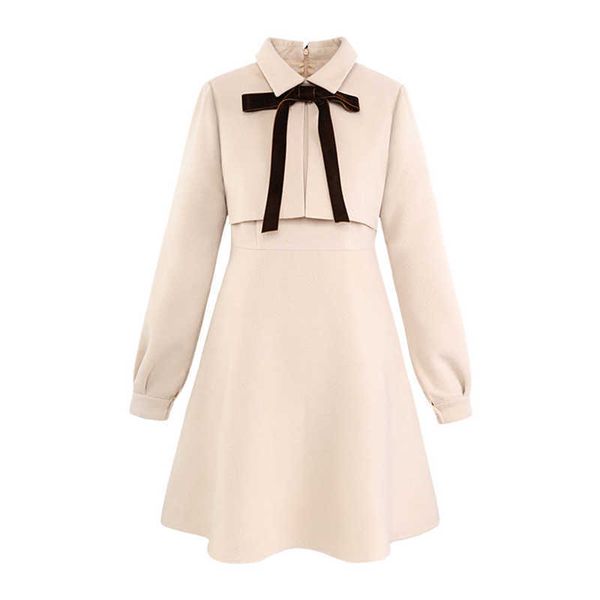 

perhaps u beige turn down collar long sleeve bow mini short dress winter zipper elegant autumn d0896 210529, Black;gray
