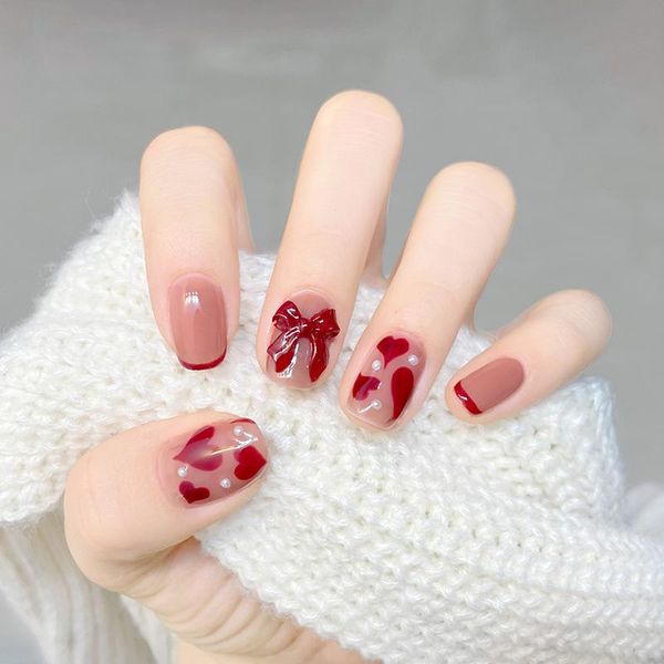 

false nails 24pcs love heart printed nail patch pearl inlaid glue type removable short paragraph fashion manicure teea889, Red;gold