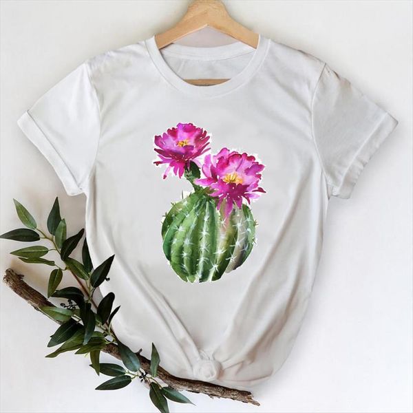

flower cactus plant short sleeve women fashion clothes printing graphic lady print female tee shirt, White