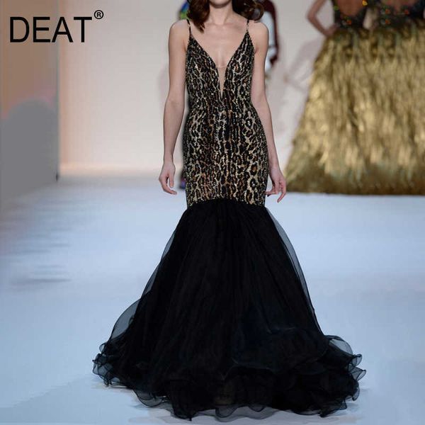 

[deat] summer fashion v-neck high waist floor-length sleeveless leopard temperament quality dress women 13d144 210527, Black;gray