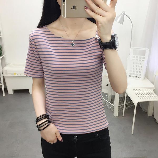 

ins western style short sleeve t-shirt female new summer rainbow stripe of cultivate one's morality show thin base coat collar a, White
