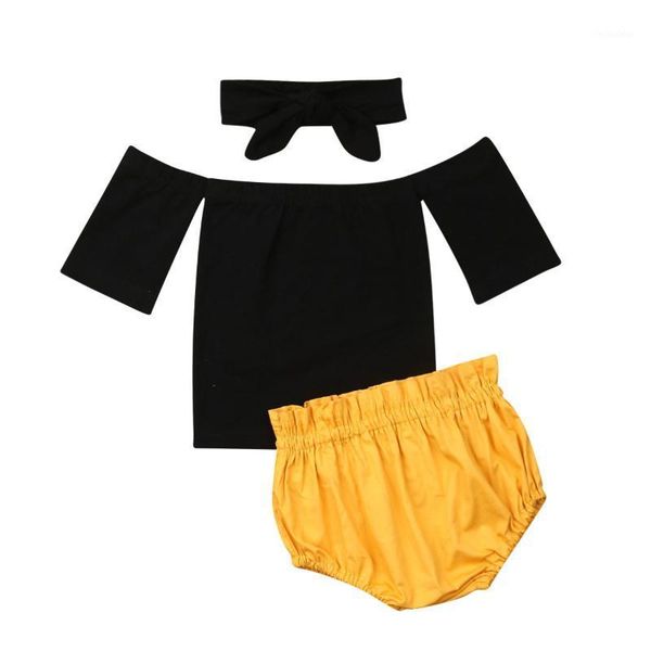 

clothing sets 2021 fashion toddler kids baby clothes set off 3pcs girl summer shoulder shirt solid ruffle shorts headband outfit 0-24m1, White