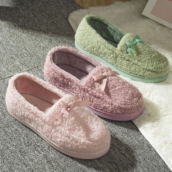 

slippers butterfly knot winter women autumn warm plush shoes flat indoor woman 2021 curly fur home cotton casual, Black