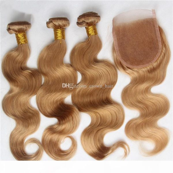 

honey blonde body wave human hair 3bundles with lace closure 4pcs lot peruvian virgin strawberry blonde 27 hair weaves with closure 4x4, Black