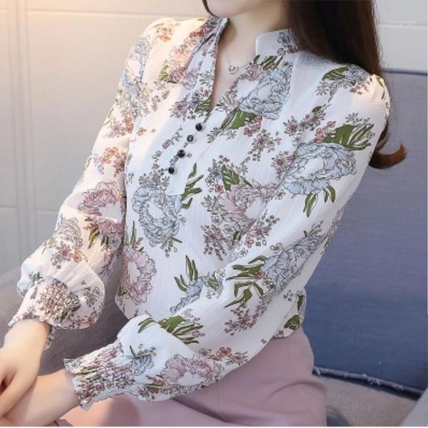 

women's spring autumn style chiffon blouses shirts elegant long sleeve button printed korean sp591 &, White