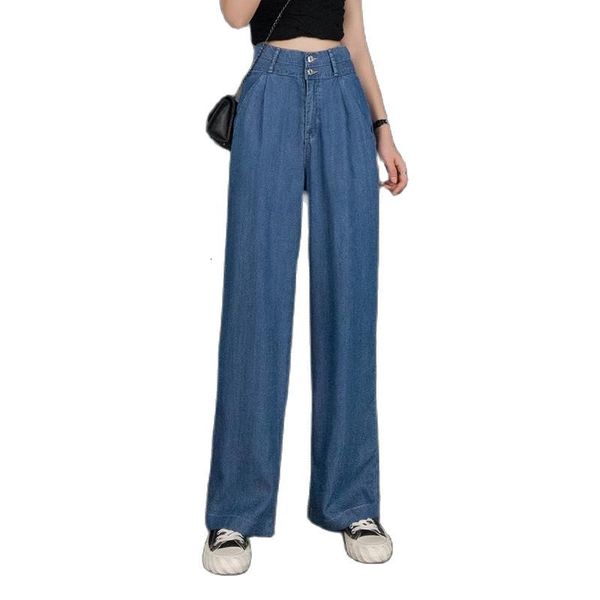 

women's jeans primavera verÃ£o tencel calÃ§as de brim das mulheres em linha reta cintura alta drape cortadas moda casual harajuku al, Blue