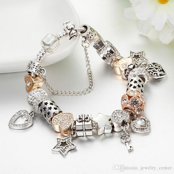 Designer-Schmuck-Armband aus 925er-Silber, passend für Pandora-Armbänder mit vergoldeten Herz- und Schlüsselschiebe-Armbändern, Perlen im europäischen Stil, Charms mit Murano-Perlen
