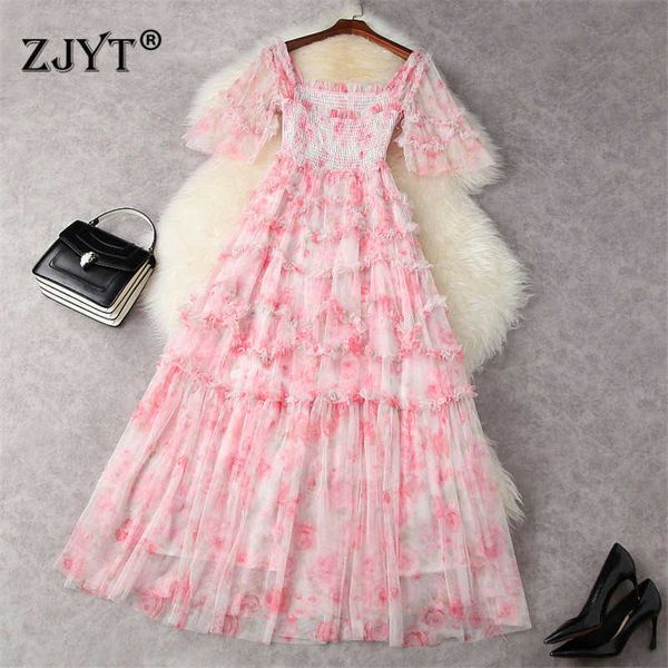 

runway summer charming sweet pink luxury ruffles cascading mesh long wedding party dress women square collar elastic maxi robe 210601, Black;gray