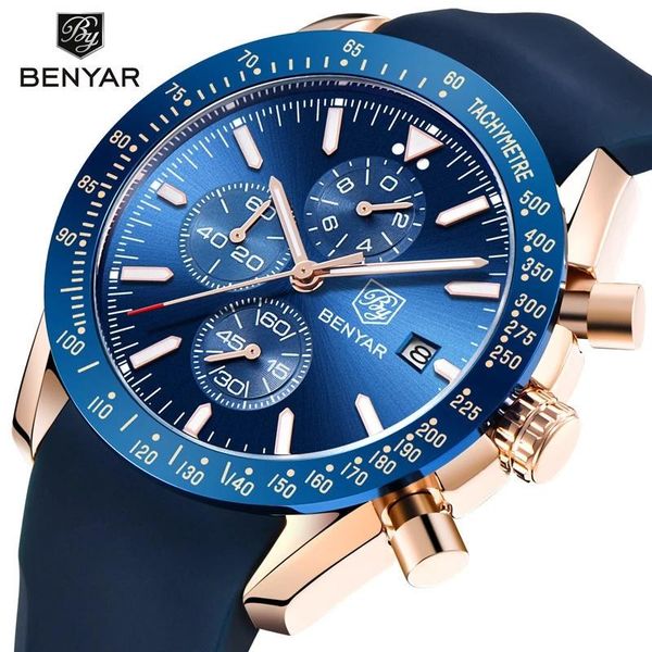 

wristwatches benyar 5140 luxury silicone strap sport chronograph men watches casual fashion business waterproof quartz wristwatch male, Slivery;brown