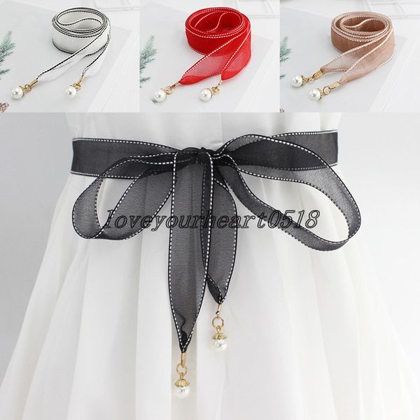 

pearl pendant belts korean style prom dress belt double sided satin sash sash thin bridal gown wedding party waistbands, Black;brown