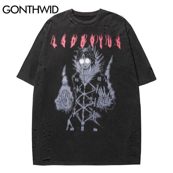 GONTHWID Magliette oversize Streetwear Hip Hop Strappato Distressed Holes Cartoon Anime T-shirt manica corta Harajuku Casual Top C0315