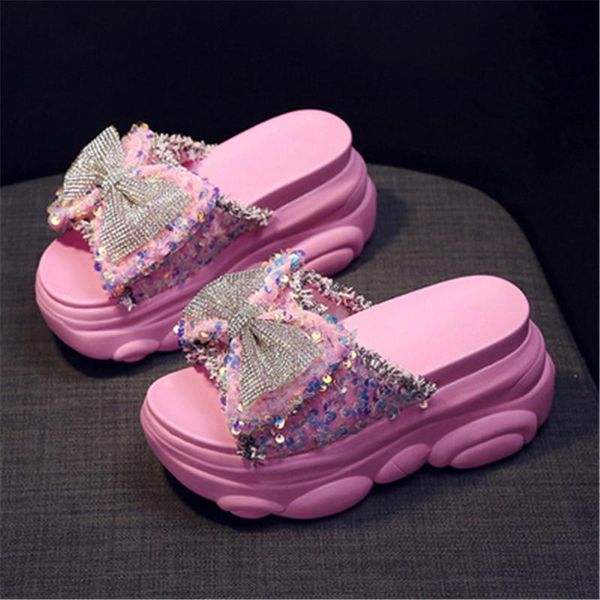 

slippers 2021 summer wedge platform high heels chunky fashion sequins butterfly-knot open toe girl dress beach sandals, Black