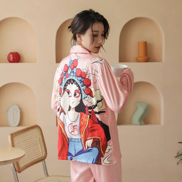 

women's sleepwear simulated silk fashion print pajamas for ladies thin two pieces sweet long sleeve home wear, Black;red
