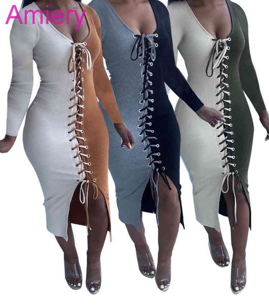 Mulheres corny bandag vestido cor contraste pit tira boate sexy halter v-pescoço vestidos de manga longa festa magro saia elegante