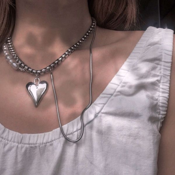 

hbp fashion ins cool wind minority lovers tank pearl love hip hop double necklaces men's and women's trendy clavicle chain, Silver