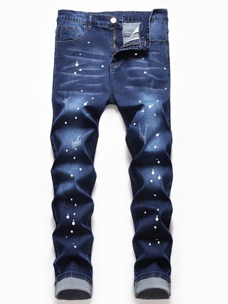 

romwe guys graphic print ripped zip fly jeans 21wq#, Blue