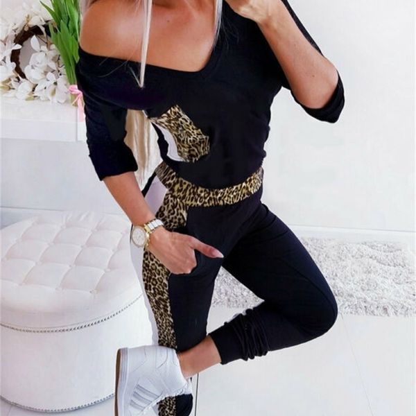 Womens Jumpsuit Manga Longa V-Pescoço Casual Leopard Stretch Romper Bodycon Long Playsuit Jumpsuit Calças Calças Femme S-XL T200107