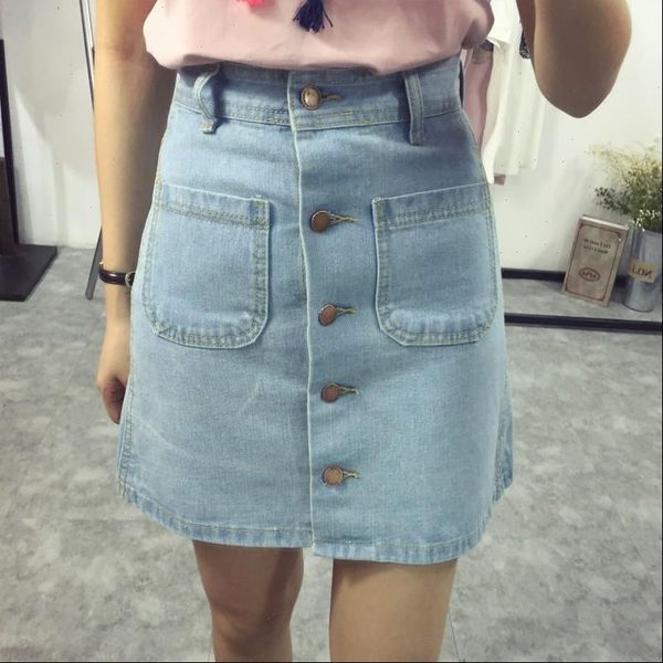 

summer a line pencil jeans skirts women high waist denim with pockets skirts front button women clothes, Black