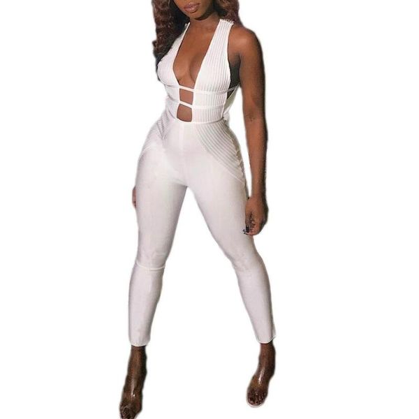 

women's jumpsuits & rompers lady party skinny jumpsuit women pure color open chest waist collection tight fitting romper casual for 202, Black;white