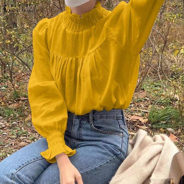 

women's blouses & shirts fashion ruffle turtleneck blouse women zanzea 2021 ol spring pleated puff sleeve casual female solid blusa, White