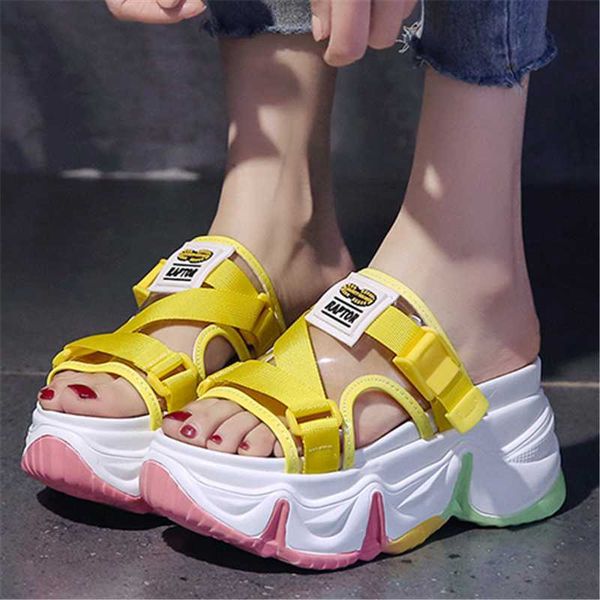 

slippers mixed colors women 8cm wedges high heel shoes ladies summer platforms open toe chunky outdoor party dress slides, Black
