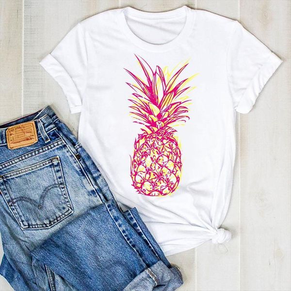 

cartoon pineapple fruit watercolor print women t shirt summer tee clothes graphic, White