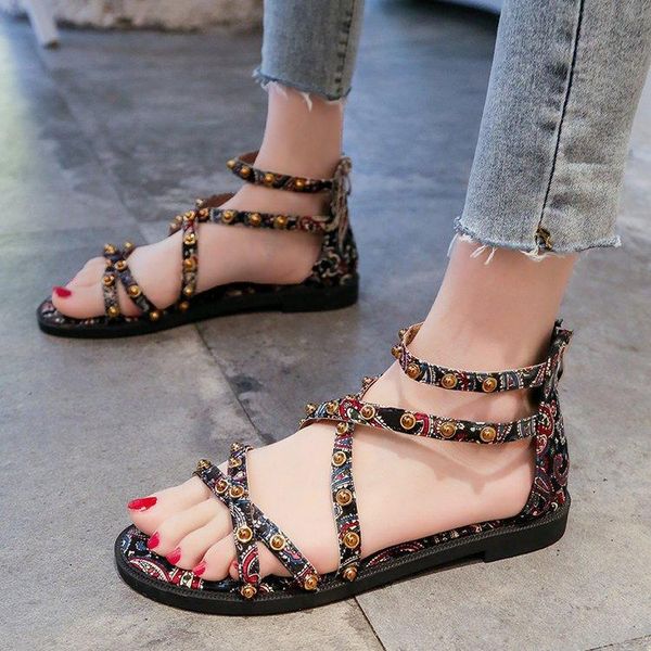 

sandals women 2021 new flat round toe roman shoes beaded ethnic women's shoes, Black