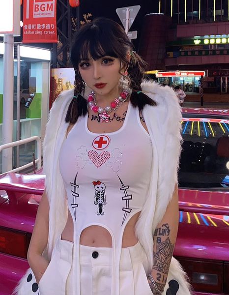 

women's tanks & camis gothic punk print backless casual girl streetwear summer sleeveless women white slim sling vest