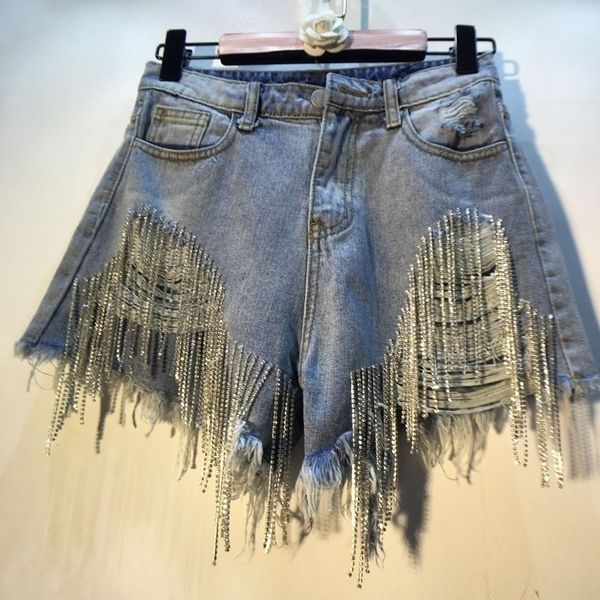 

deat 2021 spring summer rhinestone heavy tassels nail diamond beads high thin waist light blue denim shorts women ae32305 210317, White;black