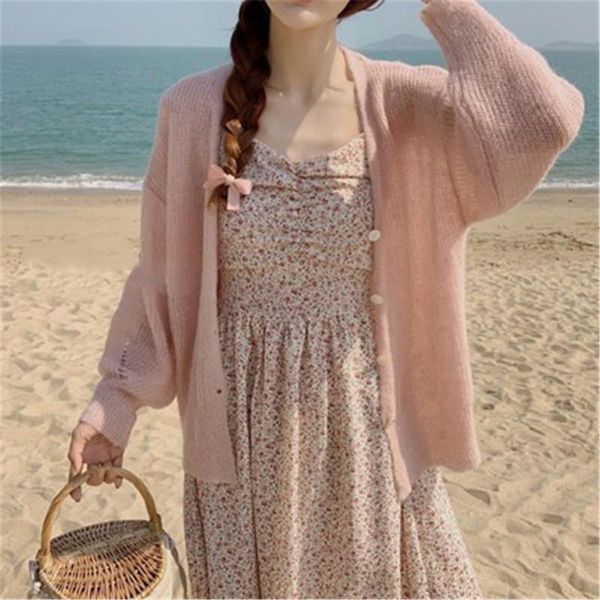 

women's knits & tees sweaters women sun-proof gentle drop-shoulder lazy tender girls korean style all-match spring v-neck feminino card, White